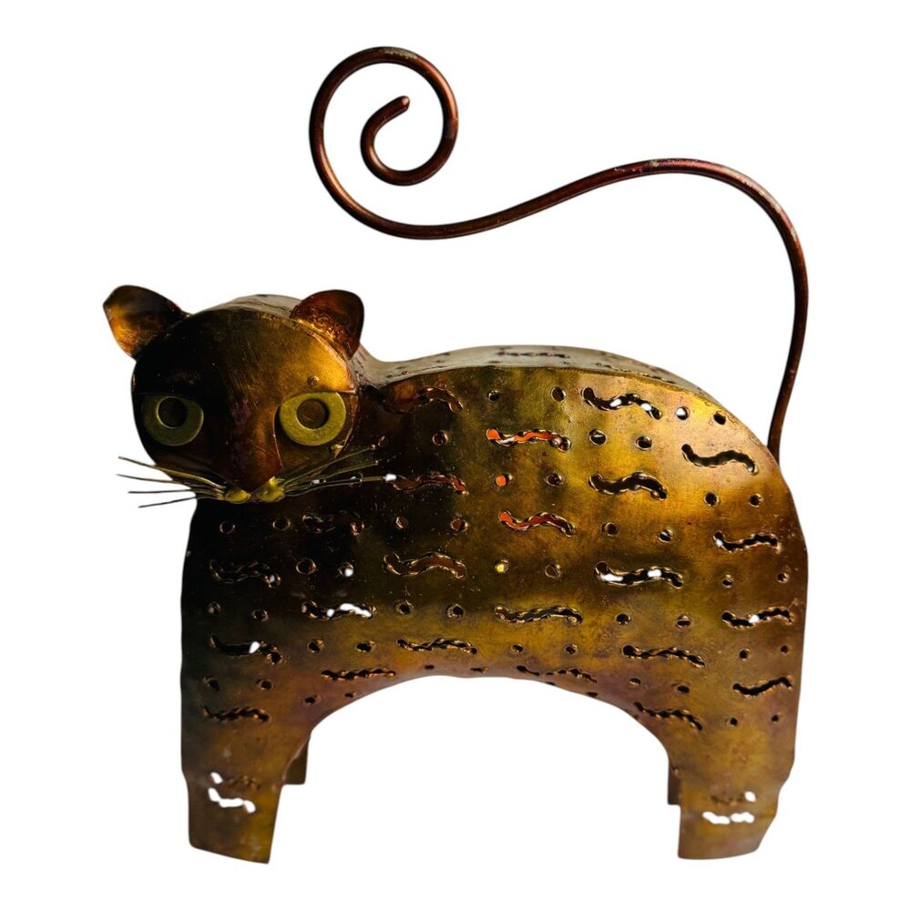Pierced Metal Cat Vintage Votive Candle Holder Welded 10"